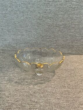 #864 Vintage Jeanette Glass Scalloped Glass Candy Bowl with Gold Trim